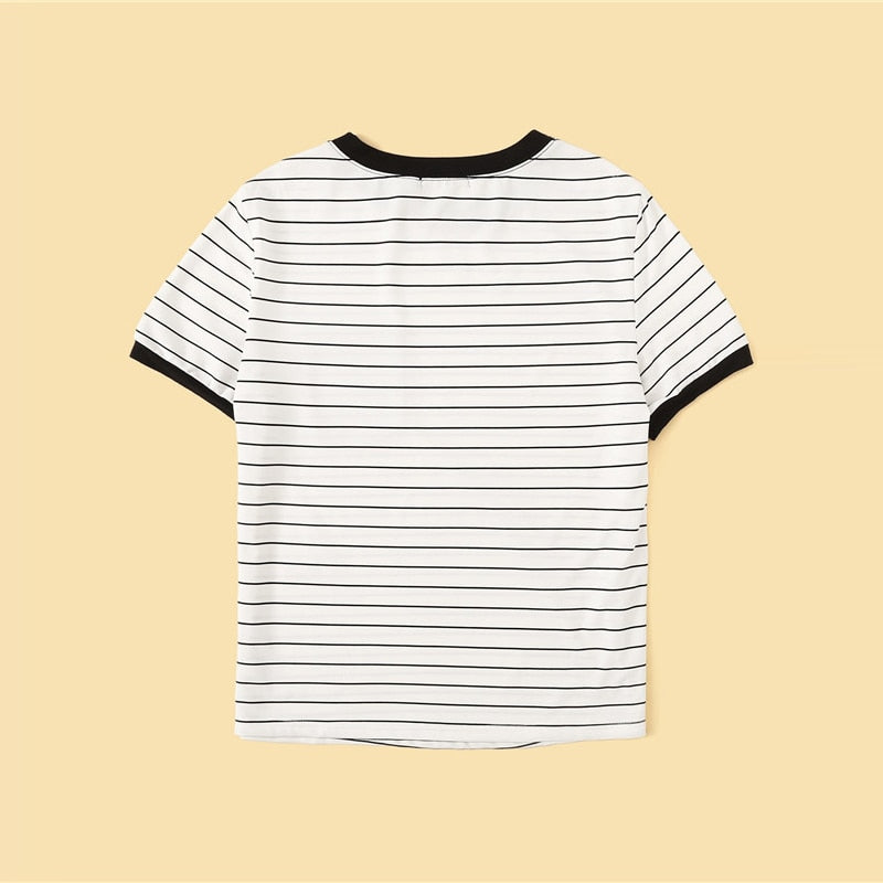 SHEIN Preppy Floral Pocket Patched Striped Ringer T Shirt Clothes 2019 Round Neck Casual Stretchy Summer Shirt Ladies Tops