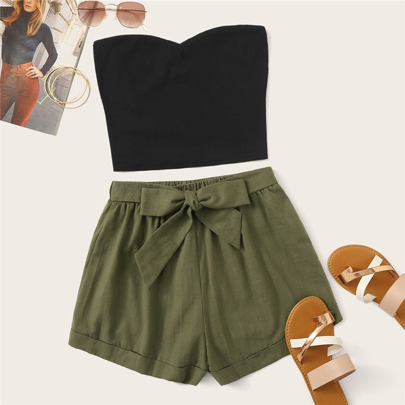 SHEIN Solid Tube Top And Belted Shorts Set 2019 Casual Summer Strapless Sleeveless Bandeau Straight Two Piece Set
