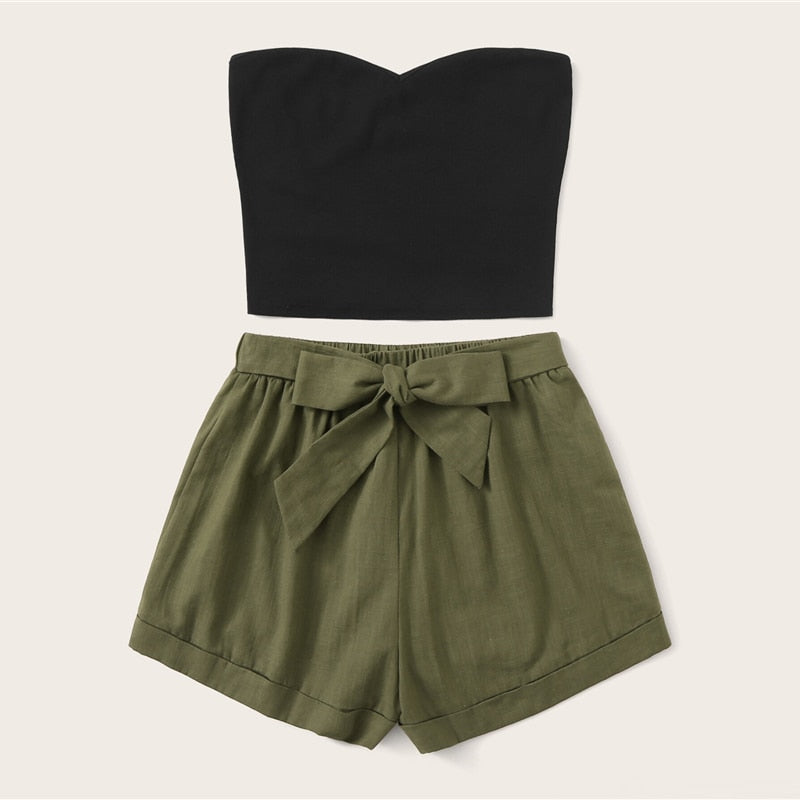 SHEIN Solid Tube Top And Belted Shorts Set 2019 Casual Summer Strapless Sleeveless Bandeau Straight Two Piece Set