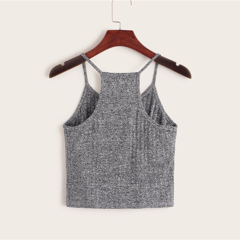 SHEIN Grey Rib-knit Cami Top Vests Basic Clothing Stretchy Slim Fit Autumn Spaghetti Strap Casual Tops