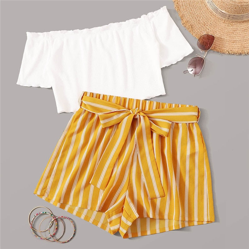 SHEIN Off Shoulder Rib-Knit Crop Top and Self Belted Striped Shorts Set 2 Piece Set Summer Boho Wide Leg Two Piece Set