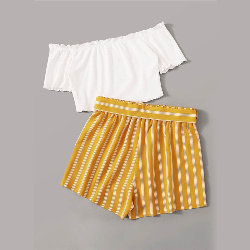 SHEIN Off Shoulder Rib-Knit Crop Top and Self Belted Striped Shorts Set 2 Piece Set Summer Boho Wide Leg Two Piece Set