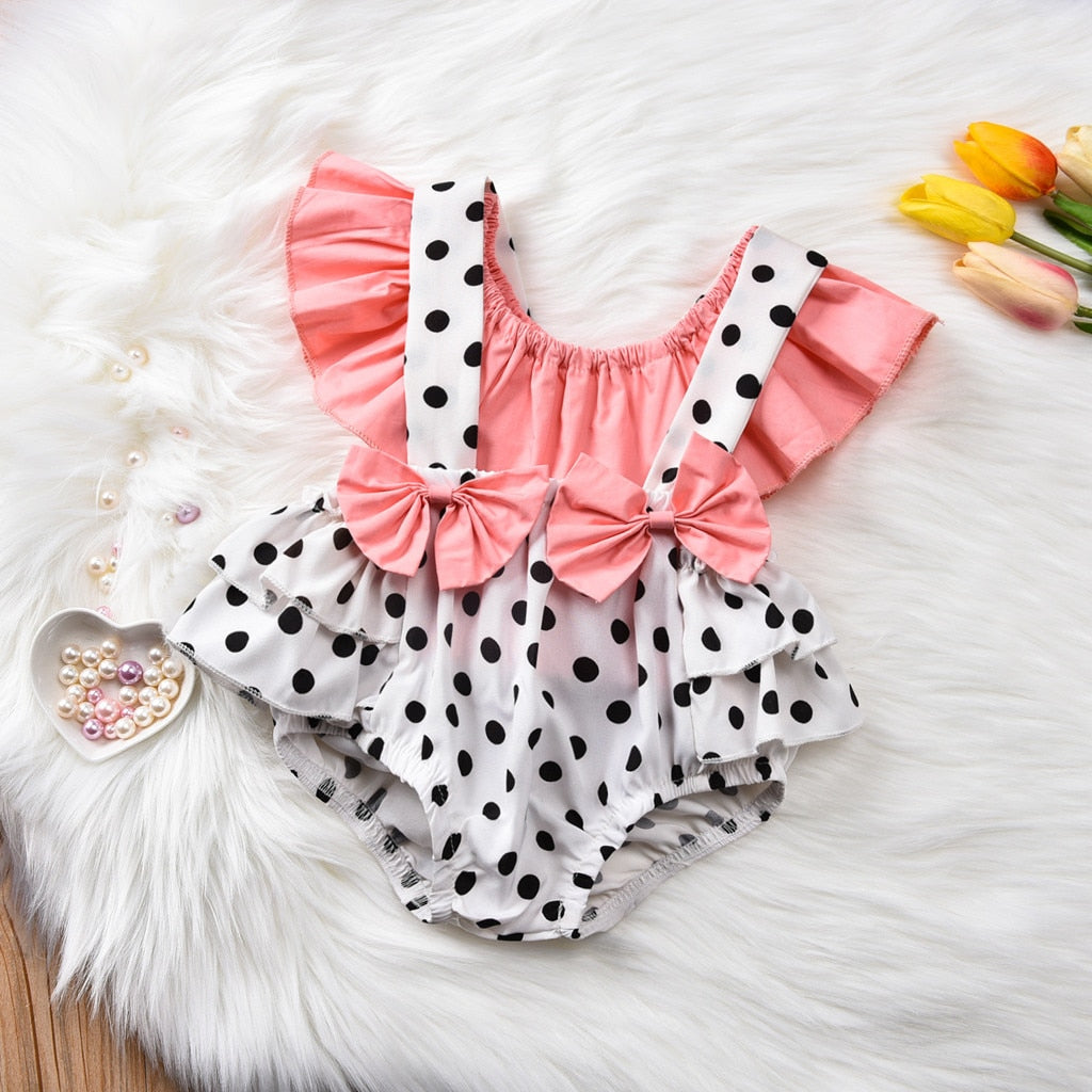 Sleeveless Ruffles T-shirt Tops Newborn Baby Girl Clothes Summer Polka Dot Print Bow Suspender Shorts Children Girls Clothing