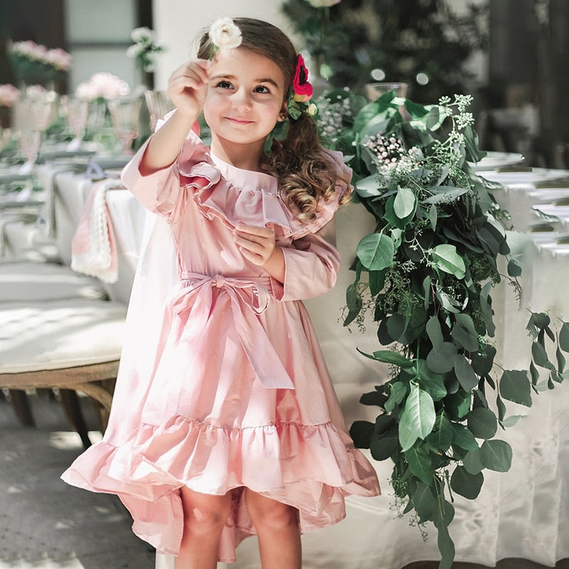 Vintage Girls Princess Dress Long Sleeve Kids Dress Ruffles Baby Girls Dresses Children Costumes For Evening Party Pink
