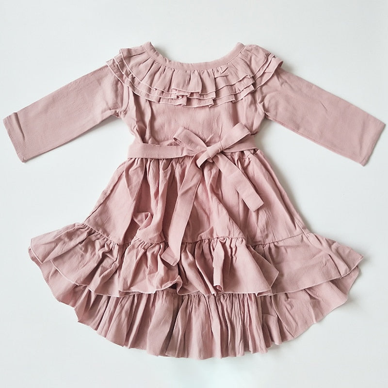Vintage Girls Princess Dress Long Sleeve Kids Dress Ruffles Baby Girls Dresses Children Costumes For Evening Party Pink