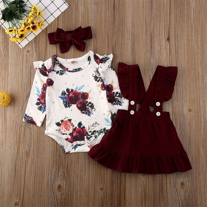 0-24M Newborn Baby Girl Baby Girl Clothes Floral Romper+Strap+Skirts+Headband 3PCS Baby Girl Clothing Outfit