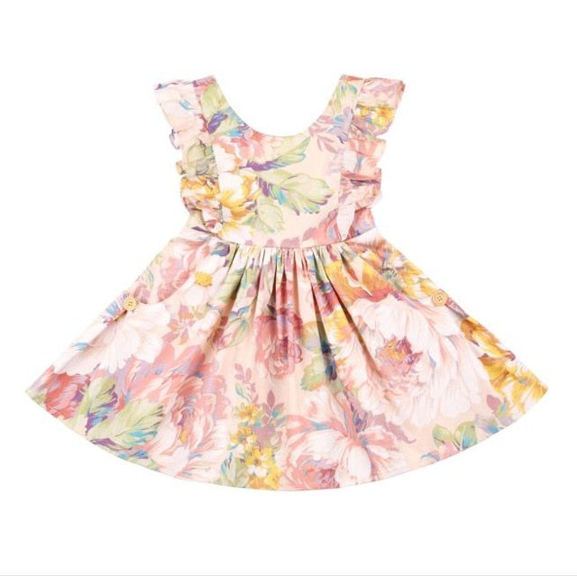 Flofallzique Toddler Baby Girl Dress With Pocket Vintage Floral Round Neck Ruffled Shoulder Sleeve Back Button For Outdoor Party