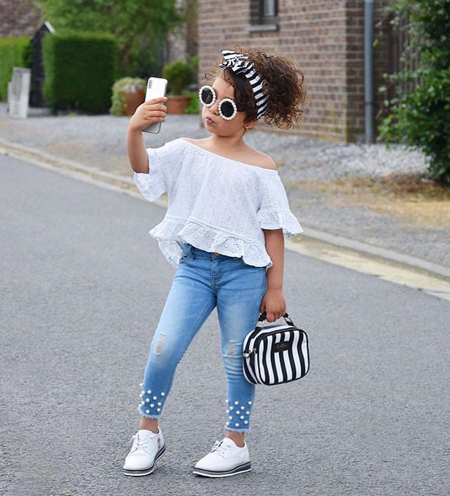 1-6T Kids Clothes Set Toddler Girls Outfit Summer Off Shoulder Flare Sleeve Top+Hollow Jeans