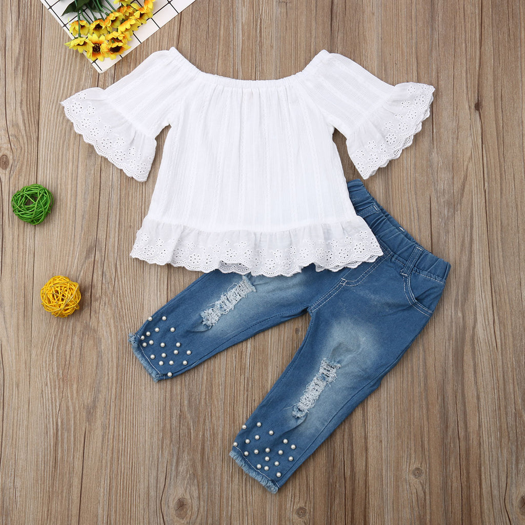 1-6T Kids Clothes Set Toddler Girls Outfit Summer Off Shoulder Flare Sleeve Top+Hollow Jeans