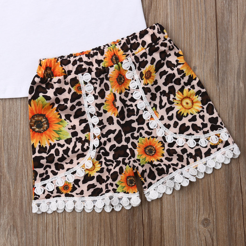 1-6Y Summer Kids Baby Girl Love Print T-shirt Tops Sunflower Tassel Shorts 2PCS Outfits Girls Clothing Set