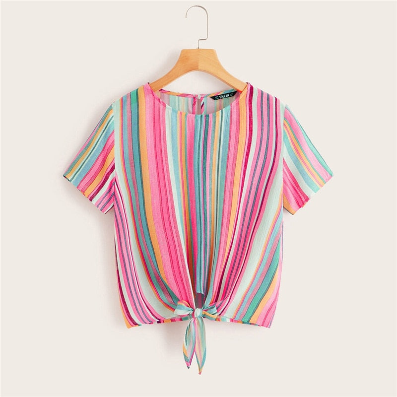 SHEIN Colorful Striped Knotted Front Tops and Blouses Casual Button Short Sleeve Summer Blouses