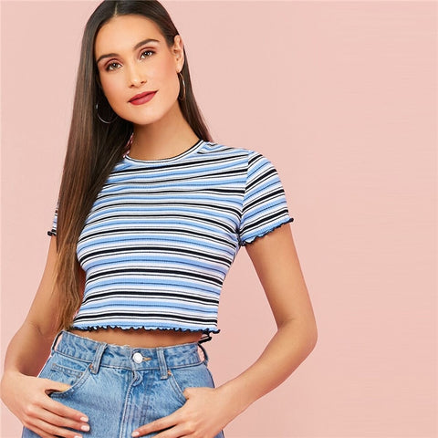 SHEIN Multicolor Stand Collar Striped Ribbed Knit Casual T-Shirt Long Sleeve Form Fitted Stretchy Tees