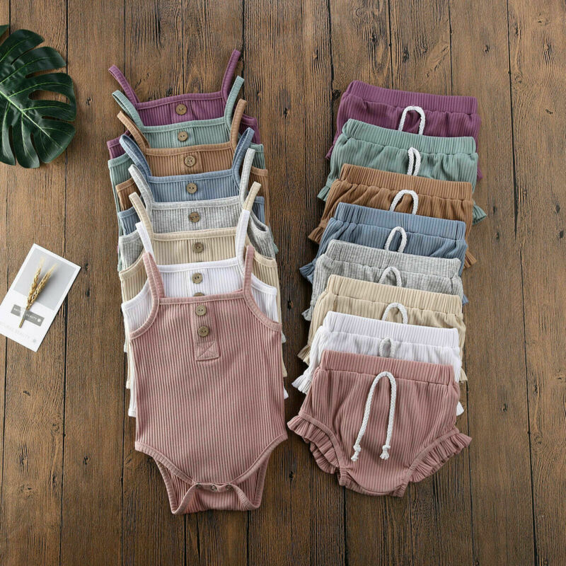 2020 Baby Summer Clothing 2PCS Newborn Baby Girl Solid Clothes Knitted Vest Crop Tops Vest Shorts Pants Ribbed Outfit