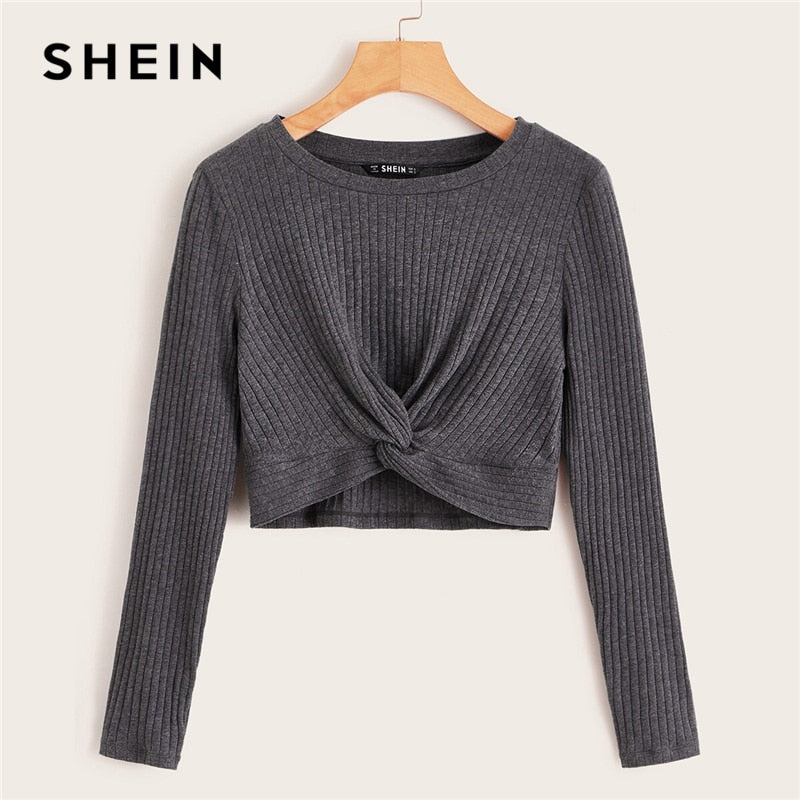 SHEIN Solid Twist Front Rib-knit Crop Top Fitted T Shirt Autumn Winter Long Sleeve Round Neck Casual Cute Tshirt Tops