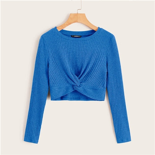 SHEIN Solid Twist Front Rib-knit Crop Top Fitted T Shirt Autumn Winter Long Sleeve Round Neck Casual Cute Tshirt Tops
