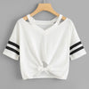 SHEIN Multicolor Stand Collar Striped Ribbed Knit Casual T-Shirt Long Sleeve Form Fitted Stretchy Tees