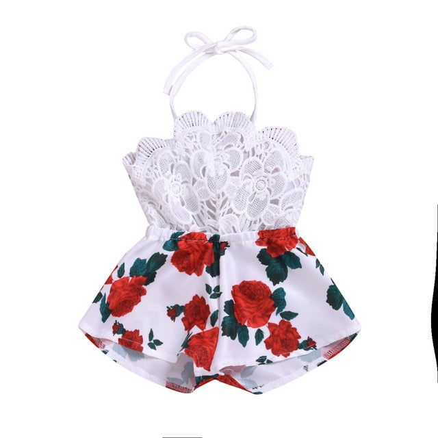 Pudcoco Summer Newborn Baby Girl Clothes Sleeveless Lace Flower Print Strap Romper Jumpsuit One-Piece Outfit Summer Clothes