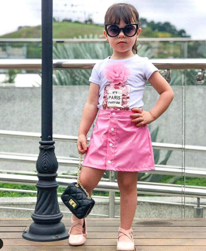 CANIS Summer Toddler kids Baby Girl Short Sleeve 3D Flower Tops T-Shirt Leather Skirt Lovely Fashion Outfits Clothes