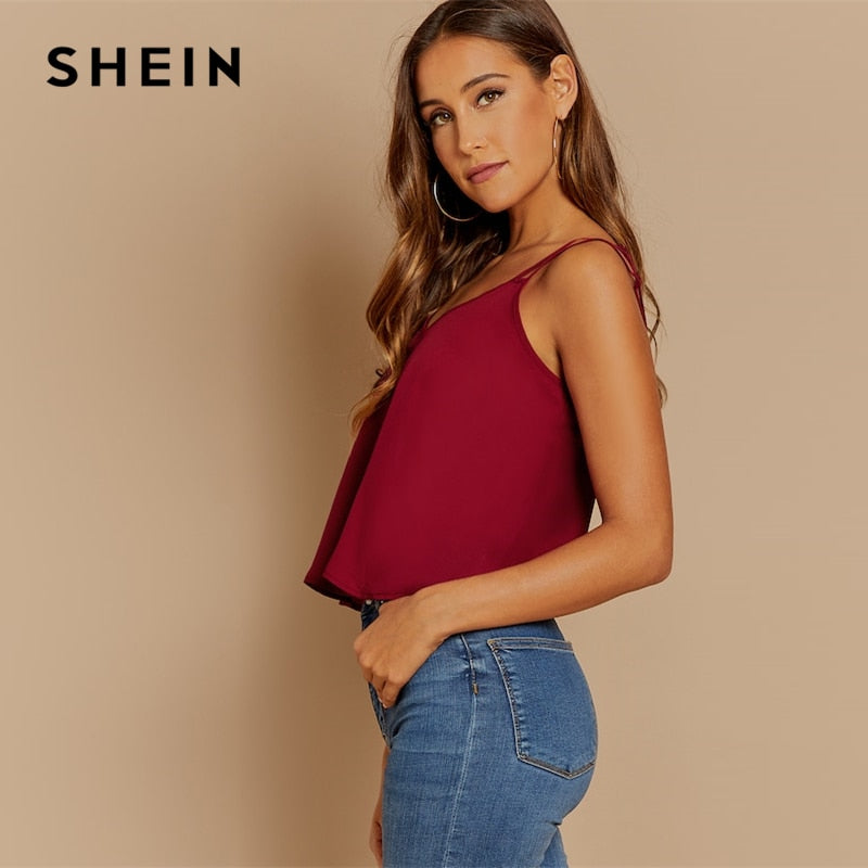 SHEIN Burgundy Casual Backless Solid Double Strap Cami Vest