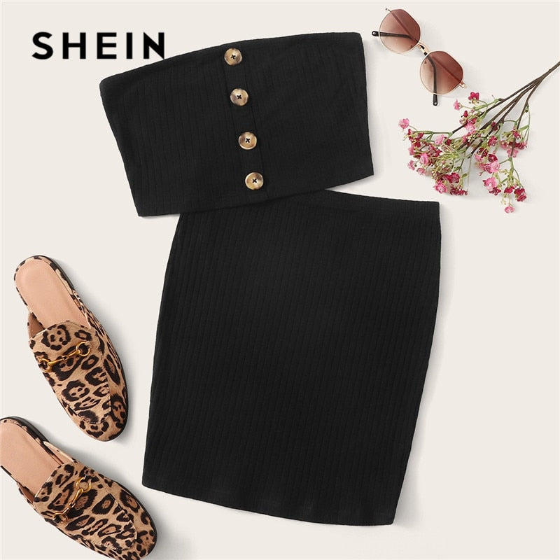 SHEIN Button Front Bandeau Crop Top And Bodycon Skirt Two Piece Set