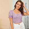 SHEIN Multicolor Backless Knotted Ditsy Floral Print Crop Top 2020 Summer Puff Sleeve