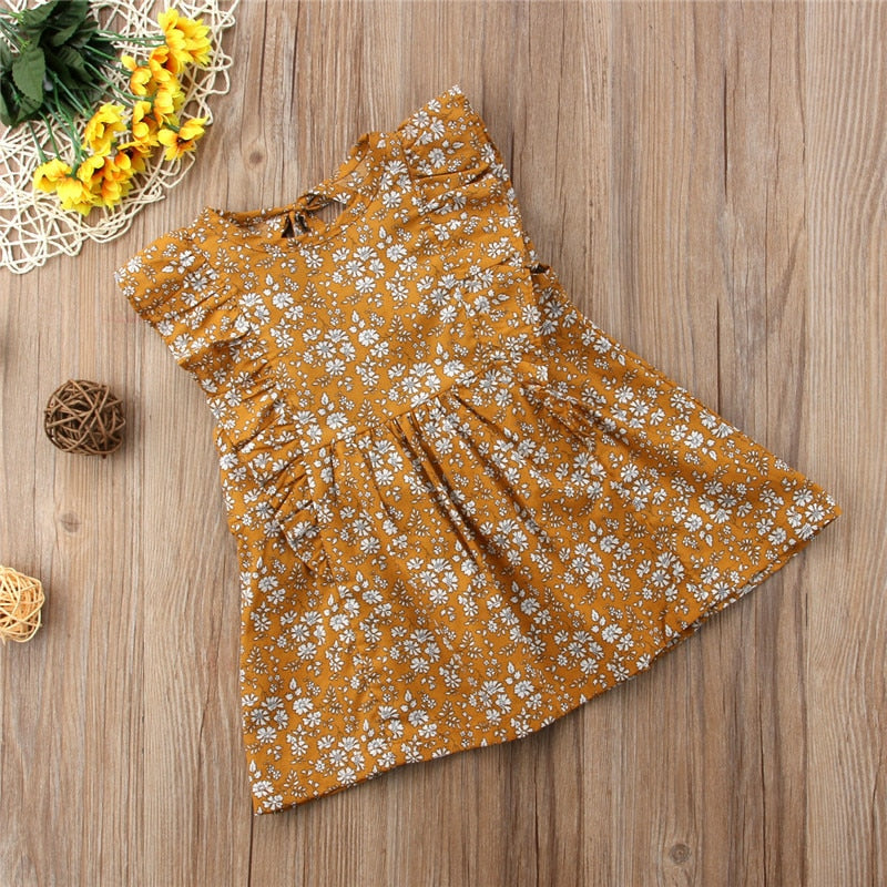 Vintage Girl Floral Ruffles Dress Toddlers Kids Princess Casual Party Tutu Ginger Yellow Summer Dress Clothes New