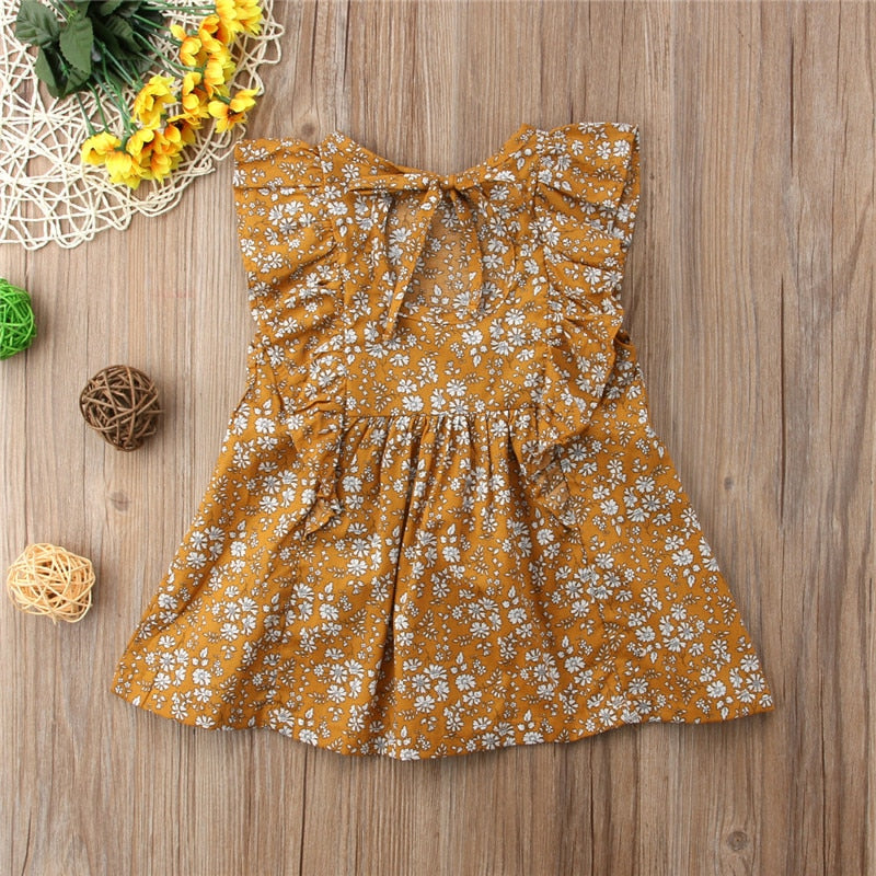 Vintage Girl Floral Ruffles Dress Toddlers Kids Princess Casual Party Tutu Ginger Yellow Summer Dress Clothes New