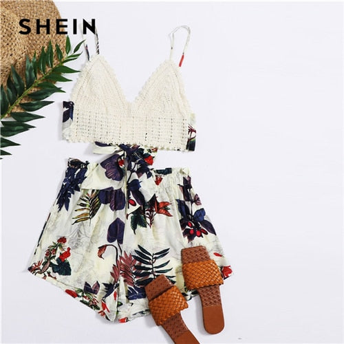 SHEIN Multicolor Tie Back Crochet Bralette Top and Paperbag Waist Shorts Set Summer Sleeveless Wide Leg Women Boho Two Piece Set