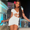 Totatoop Lace Up V Neck Ruched Bodycon Mini Dress 2020 Summer Hollow Out Ruffles Sundress Beachwear