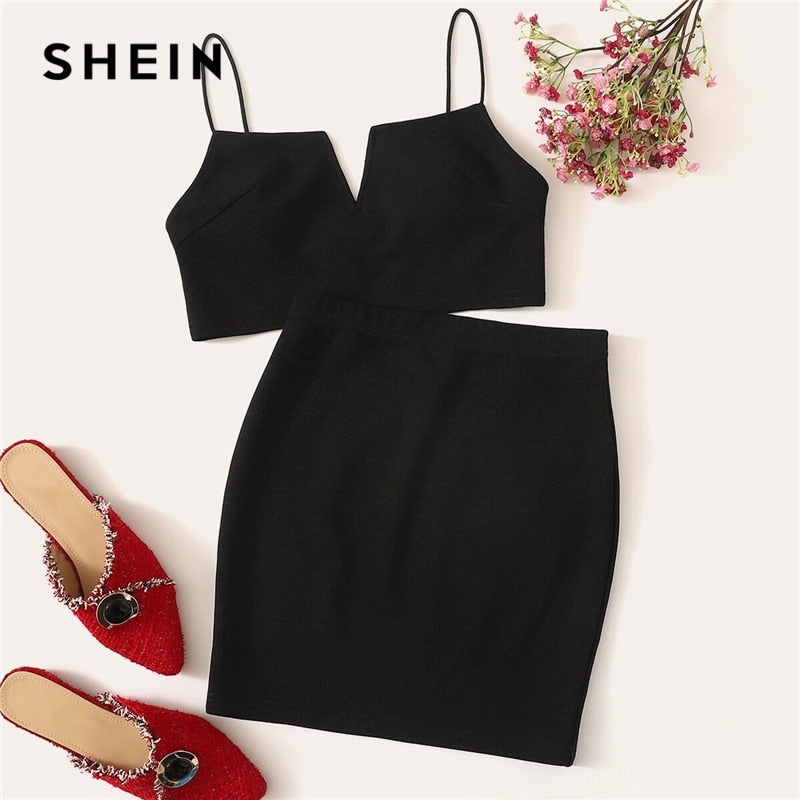 SHEIN V-Cut Crop Cami Top And Skirt Set Solid Notched Spaghetti Strap Summer Sleeveless Two Piece Sets
