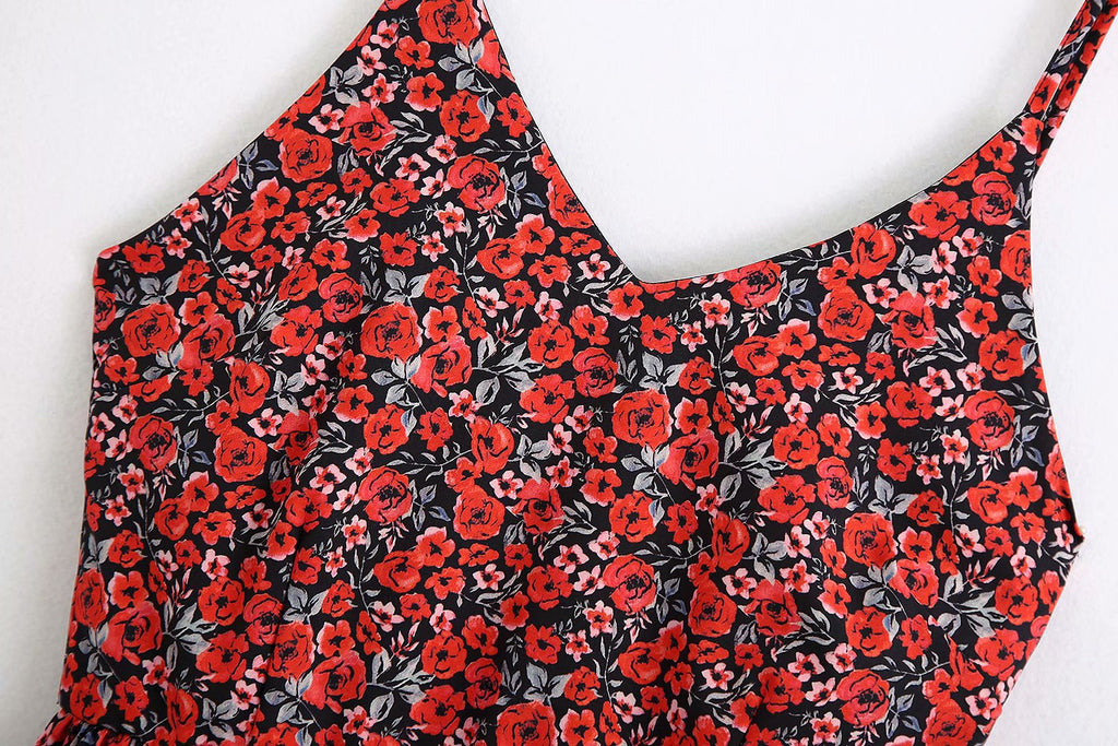 2020 Summer New Floral Dungaree Red Dress
