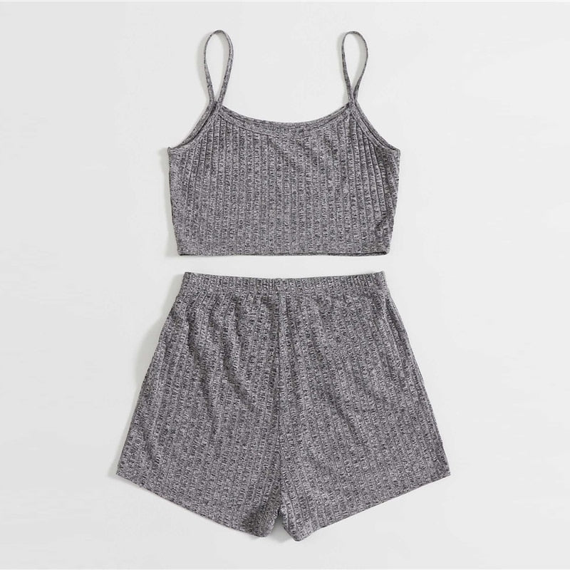 SHEIN Grey Rib-knit Crop Cami Top and Knot Detail Wide Leg Shorts Set 2 Piece Set