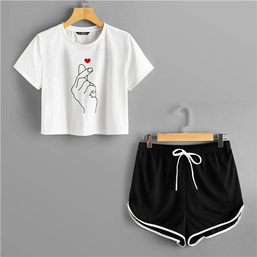 SHEIN Gesture Print Crop Tee and Contrast Binding Dolphin Shorts PJ Set Summer Sleepwear Casual Pajama Sets