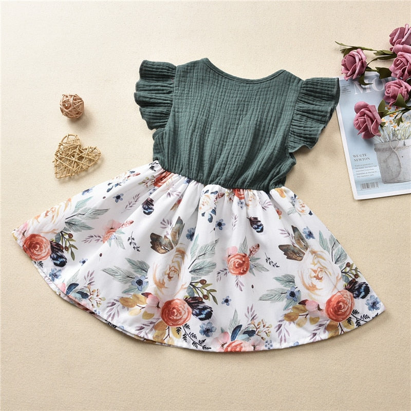 New Toddler Baby Girl Princess Dress Vintage Floral Print Ruffles Party Spliced Dresses Summer Outfits