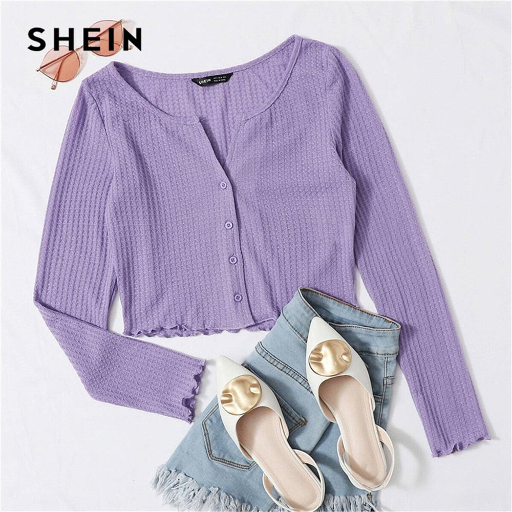 SHEIN Button Front Lettuce Edge Waffle Knit Crop Tee Autumn Long Sleeve Solid Casual Slim Fit T-shirt Tops