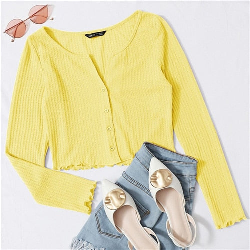 SHEIN Button Front Lettuce Edge Waffle Knit Crop Tee Autumn Long Sleeve Solid Casual Slim Fit T-shirt Tops