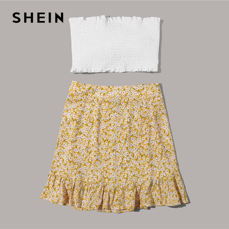 SHEIN Tie Front Frill Trim Shirred Tube Top and Ditsy Floral Skirt Set 2 Piece Set