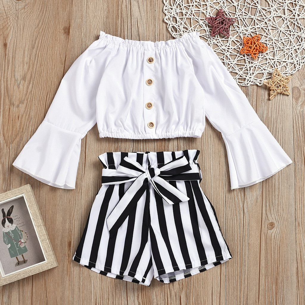 TELOTUNY Children's clothing Toddler Kids Baby Girls Ruffle Off Shoulder Button T Shirt Tops Striped Print Shorts Outfits Set 20