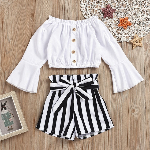 TELOTUNY Children's clothing Toddler Kids Baby Girls Ruffle Off Shoulder Button T Shirt Tops Striped Print Shorts Outfits Set 20