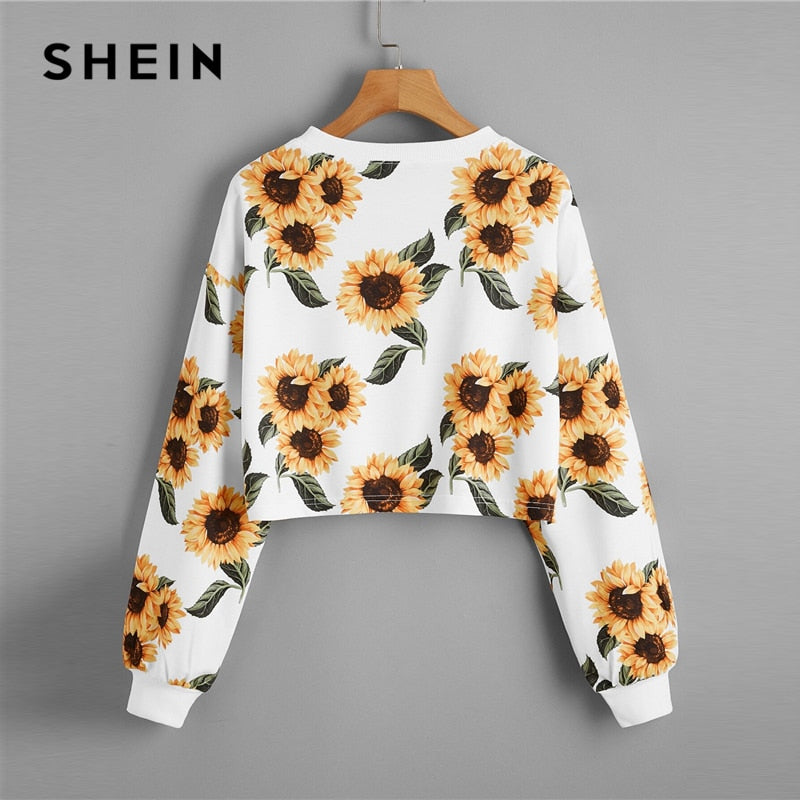 SHEIN Drop Shoulder Sunflower Print Crop Pullover Sweatshirt 2020 Autumn Long Sleeve Casual Sweatshirts Tops
