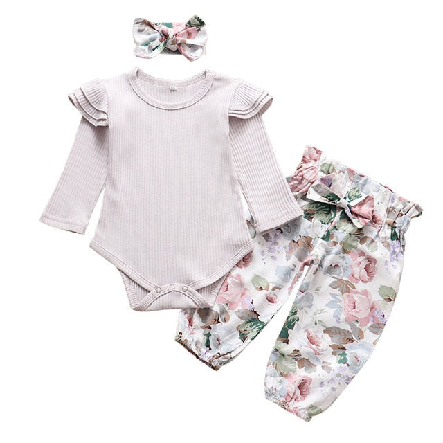 3Pcs Newborn Baby Girl Clothes Set Fashion Autumn Long Sleeve Solid Color Romper Tops Pants Headband Infant Clothing Outfits