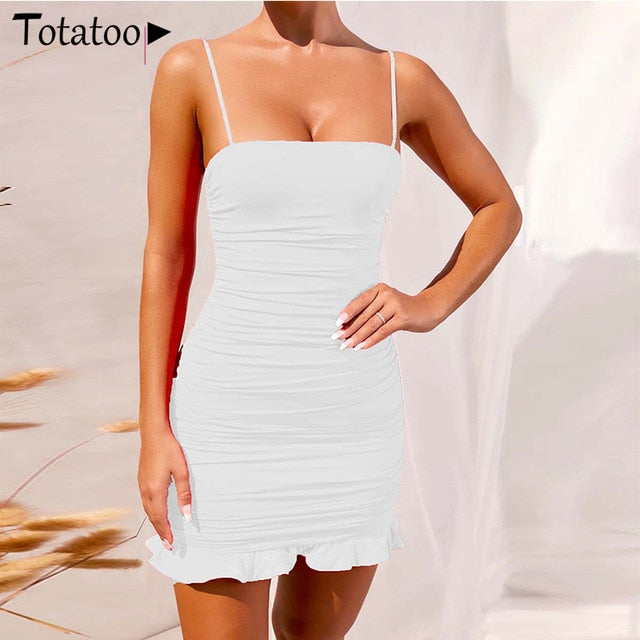 Totatoop Lace Up V Neck Ruched Bodycon Mini Dress 2020 Summer Hollow Out Ruffles Sundress Beachwear