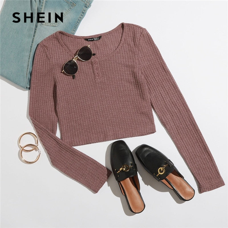 SHEIN Redwood Button Half Placket Crop Top Long Sleeve Round Neck Solid Slim Fitted Casual T-shirts