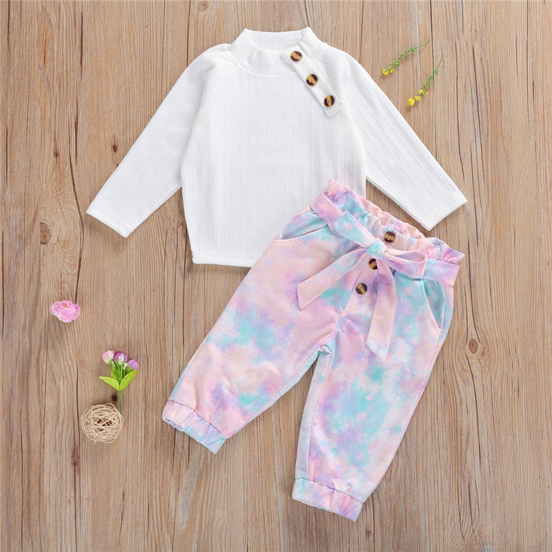 1-6Y Fashion Children Girls Autumn Clothing Sets Toddler Kids Girls Knitted Long Sleeve Tops+Bowknot Tie Dye Print Pants 2PCS