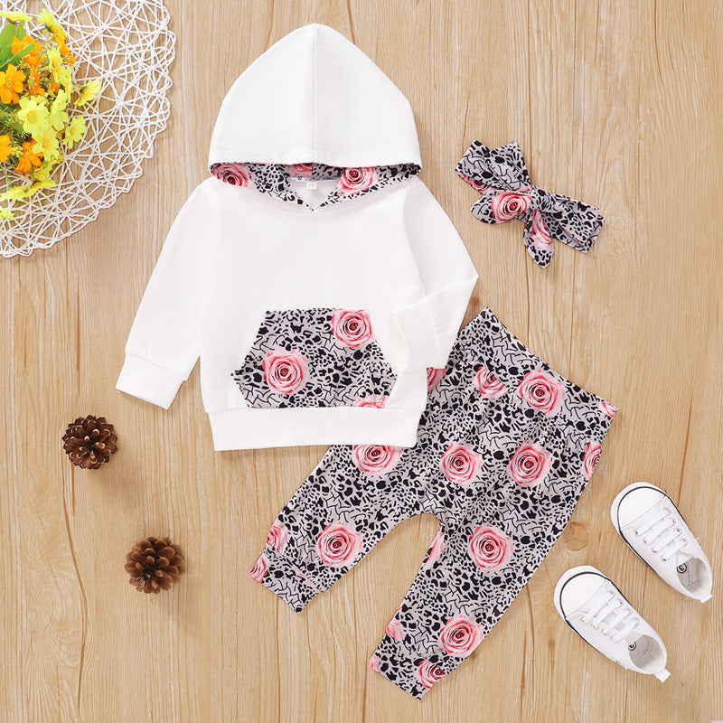0-24M Toddler Baby Girl Autumn Clothing Set Floral Hoodies Top Long Pants Headband Outfits 3PCS Casual Girl Clothes Set