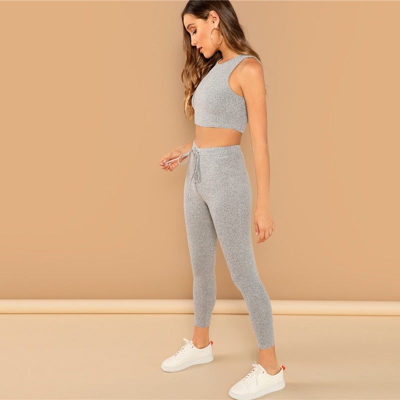 SHEIN Grey Heathered Knit Crop Tank Top and Drawstring Waist Leggings Set Spring Skinny Sporting Workout Two Piece Sets