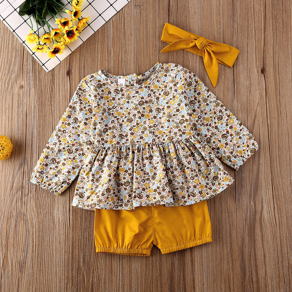 0-18 Months Newborn Infant Clothes Set Toddler Baby Girls Floral Tops Brown Short Pants Baby Girls Outfits Newborn Clothing