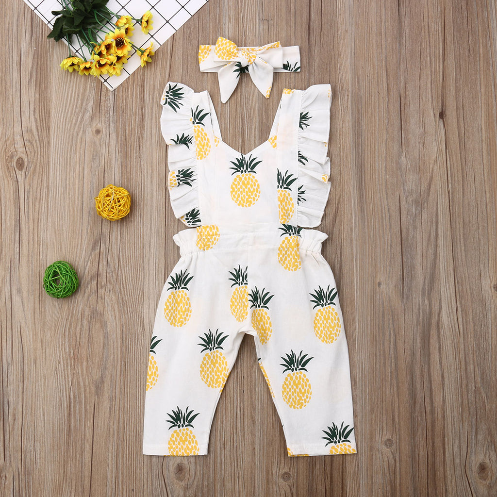 New Baby Girls Clothes Newborn Jumpsuits Toddler Sleeveless Ruffle Pineapple Printed Romper Headband Infant Outfits Clothing