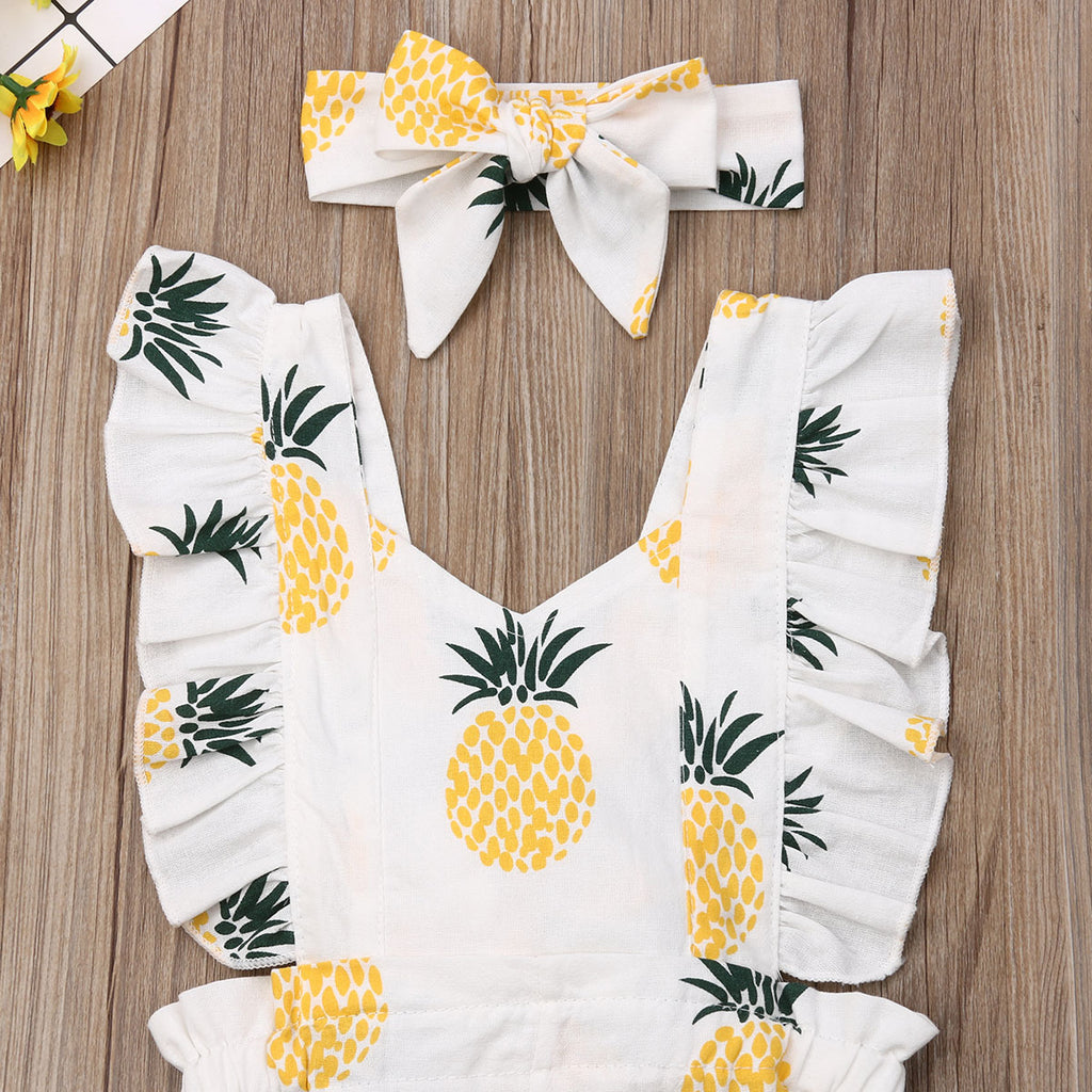 New Baby Girls Clothes Newborn Jumpsuits Toddler Sleeveless Ruffle Pineapple Printed Romper Headband Infant Outfits Clothing