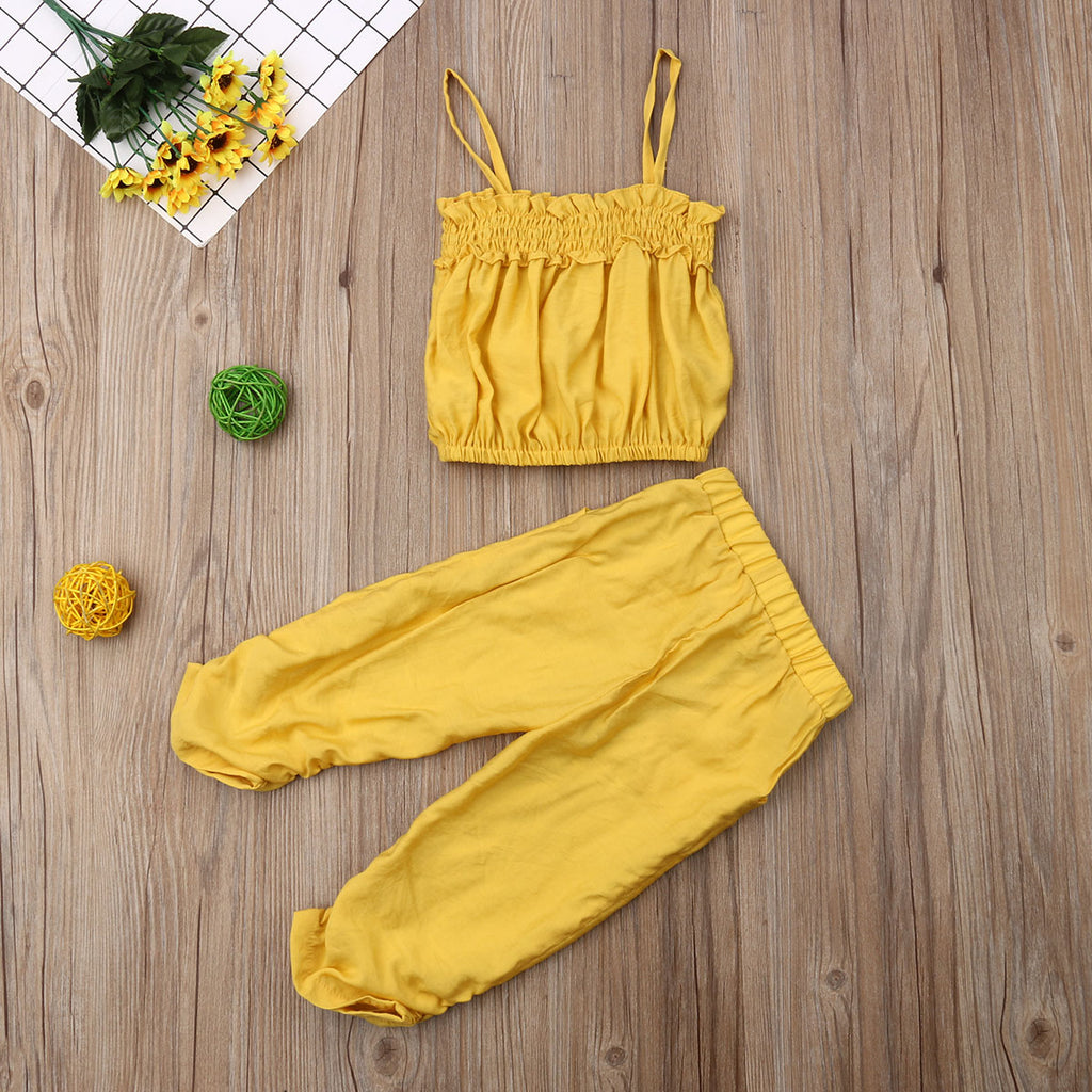 1-5 Year Toddler Kids Baby Girls Clothes Set Solid Straps Crop Tops + Long Loose Pants Casual Outfits 2pcs Sets